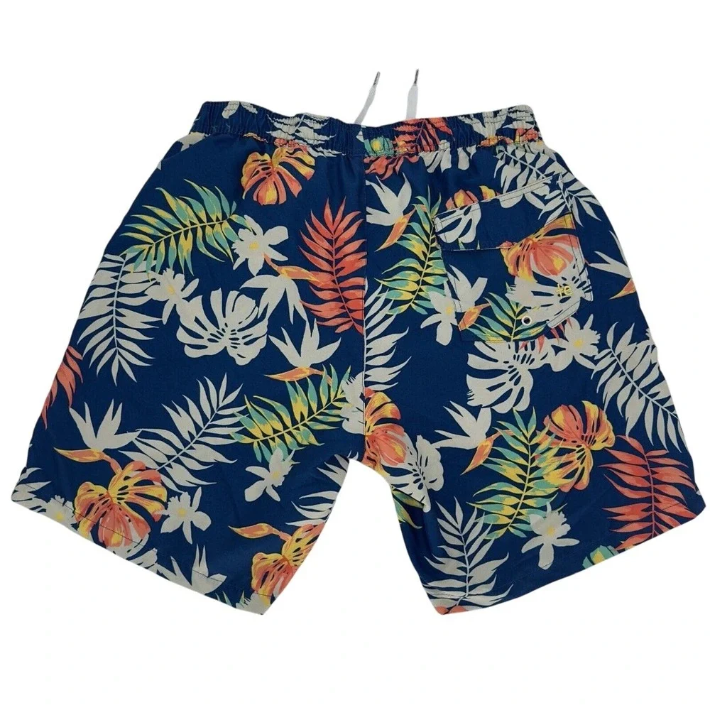 Tipsyelves Casual Tropical Floral Swim Trunks Men's Navy Blue Drawstring Pockets